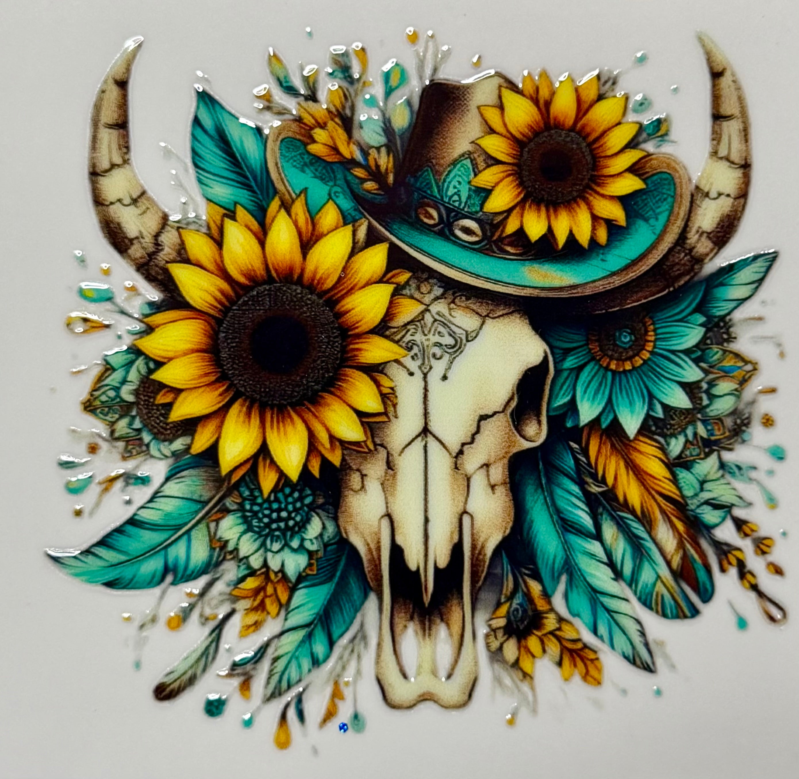 Sunflowers a cow skull